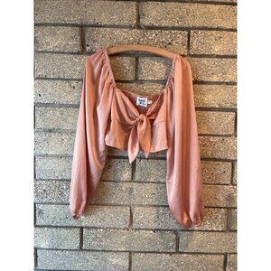 Princess Polly Mauve Long Sleeve Smocked Tie-Front Crop Top Size 6 AU/UK 10